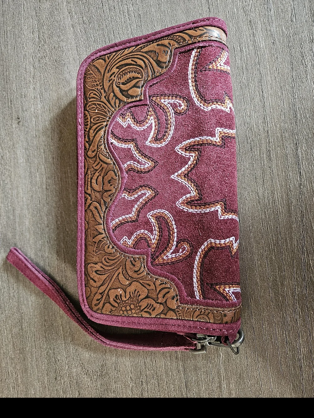 Myra Electric Desert Wine Wallet/ Wristlet featuring a rich wine-colored suede